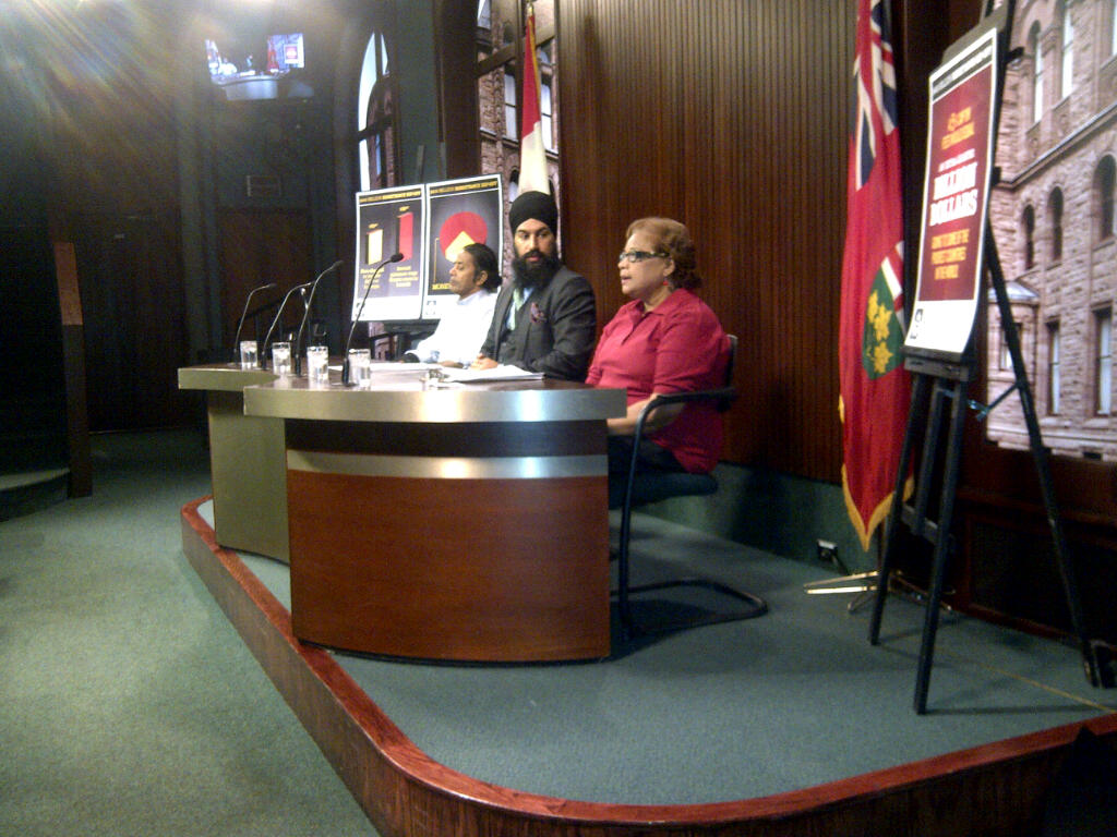 Kay Bisnath, MPP Jagmeet Singh and Rohan Jagroo announce the introduction of Bill 98.