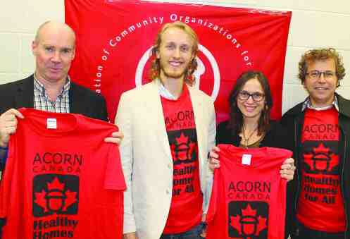 From left, George Brown, ACORN legal council, Daniel Tucker-Simmons, law student at the University of Ottawa, Suzanne Bouclin and David Wiseman professors at the University of Ottawa faculty of law attend an ACORN press conference on Oct. 2.