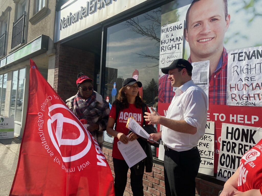 ACORN members, including President Alejandra Ruiz-Vargas, speaking with Federal Housing Minister Nate Erksine-Smith