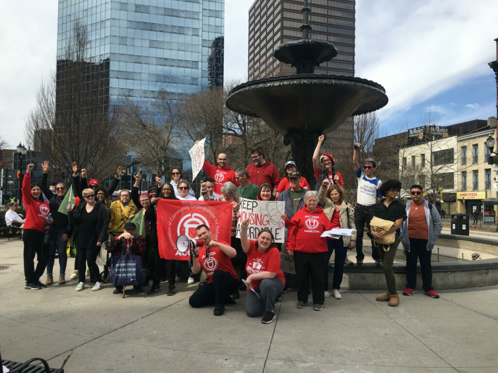 large group photo at Hamilton ACORN event for national day of action for affordable housing