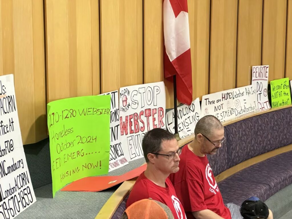 Members of ACORN London, a tenants' advocacy group sat in council chambers as they emphasized the importance of a stronger renoviction bylaw that would hold landlords accountable. (Isha Bhargava/CBC)