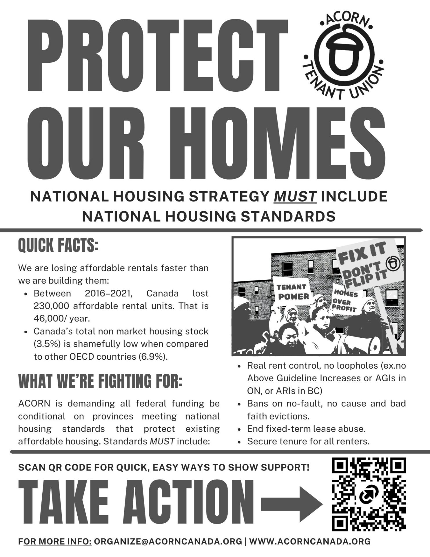 Poster urging action to protect affordable housing, with a bold 'PROTECT OUR HOMES' headline and a protest image, plus a QR code area.