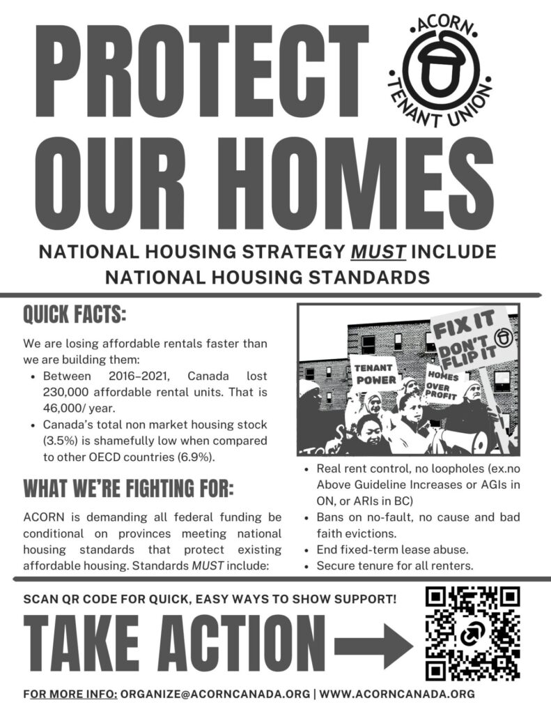 Poster advocating a national housing strategy: large text 'Protect Our Homes' with Acorn logo and 'Take Action' call to scan the QR code at right.