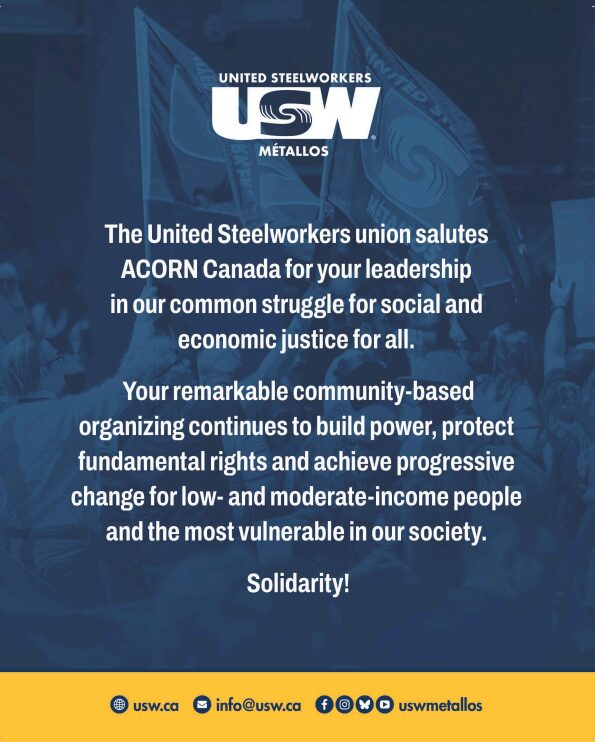 Blue banner featuring the United Steelworkers (USW/ Métallos) logo and a white message praising ACORN Canada leadership and solidarity, with a yellow footer including contact info and icons.
