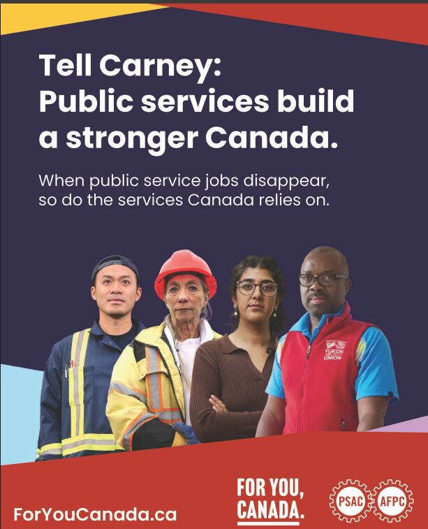 Poster promoting public services with a diverse group of workers and the headline “Tell Carney: Public services build a stronger Canada.”