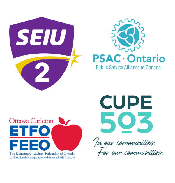 Collage of four union logos: SEIU 2, PSAC Ontario, ETFO‑FEO with apple, and CUPE 503.