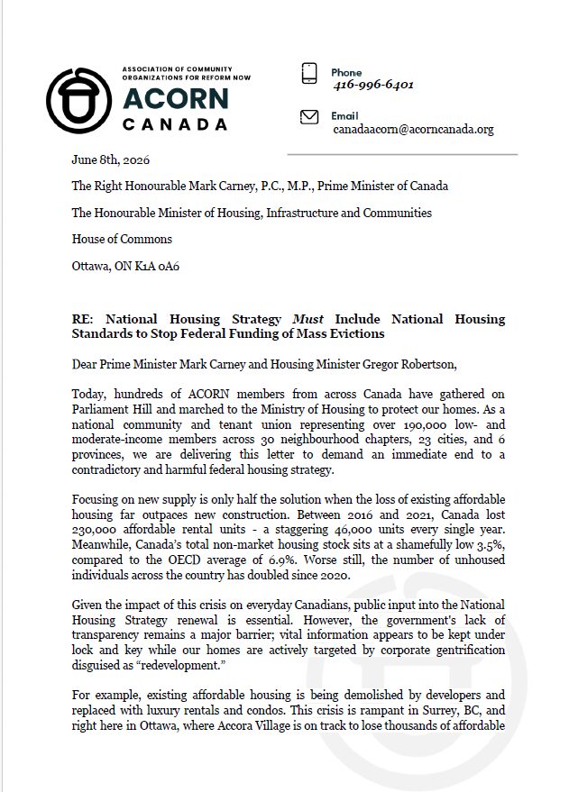 ACORN Canada letterhead with logo and contact icons, dated June 8, 2026, addressed to Prime Minister Mark Carney regarding the National Housing Strategy and mass evictions.