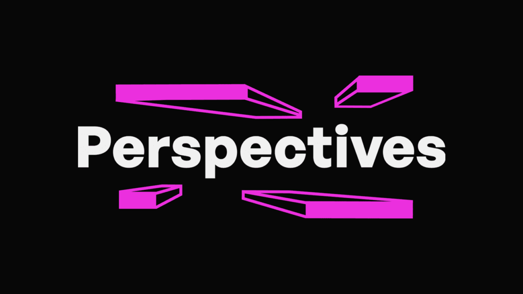Bold gray 'Perspectives' title on black background, framed by magenta angular shapes above and below.