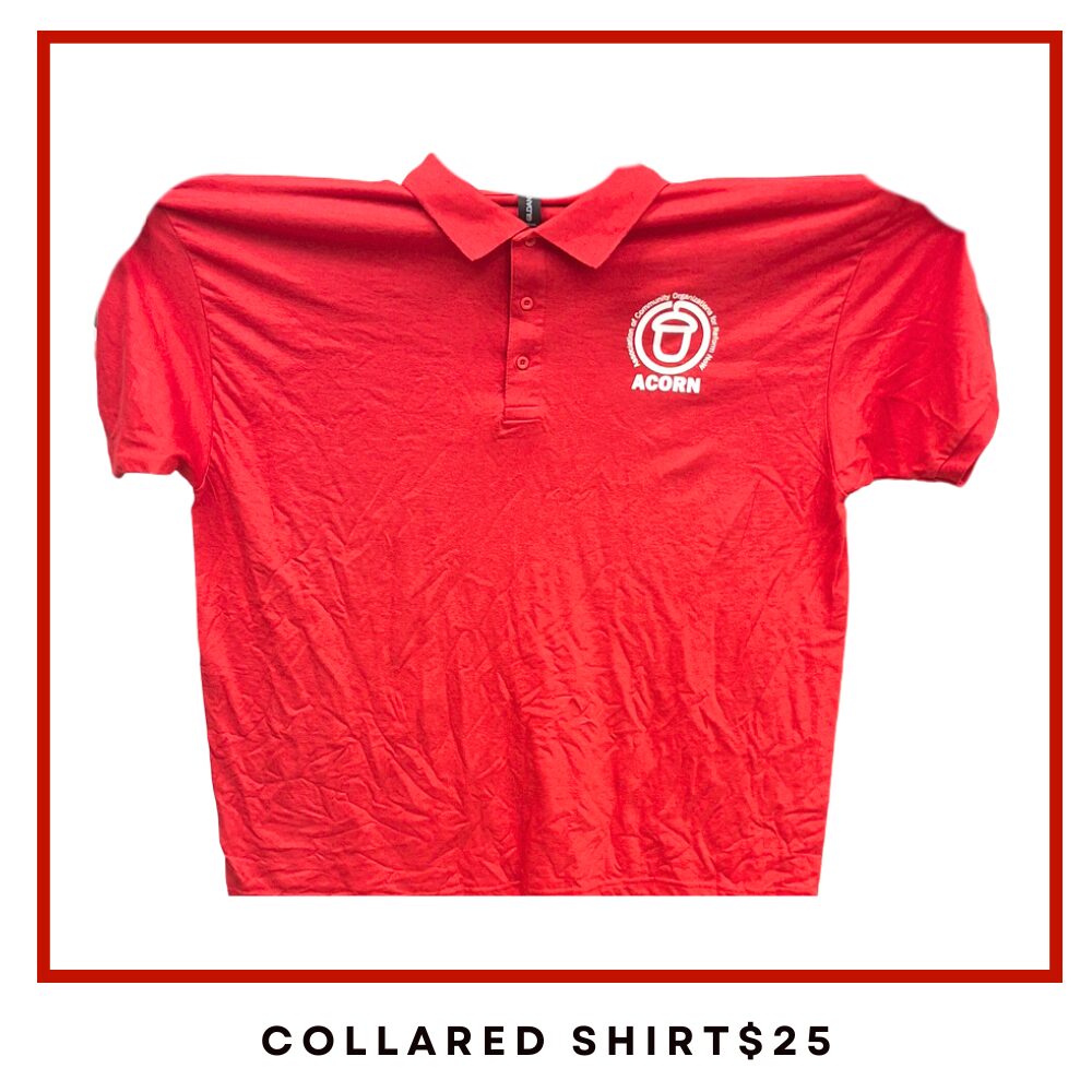Red short-sleeve polo shirt with a fold-down collar and a white circular Acorn logo on the left chest.