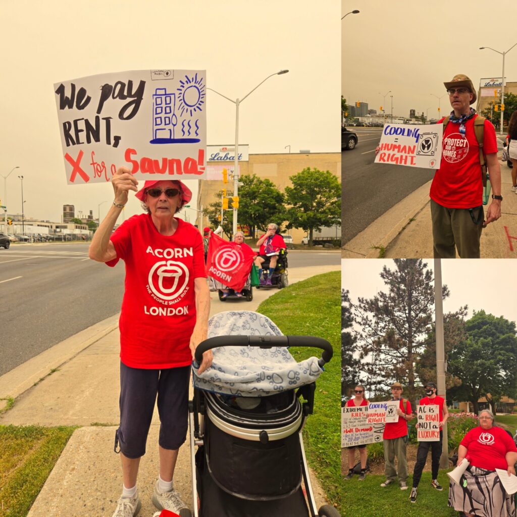 Protest on a city street: people in red shirts hold signs saying 'We pay rent' and 'Cooling is a human right'.