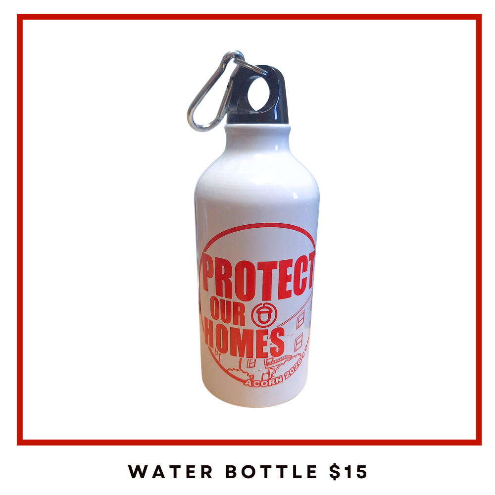 White water bottle with red 'PROTECT OUR HOMES' slogan and a metal carabiner cap nearby on top edge.