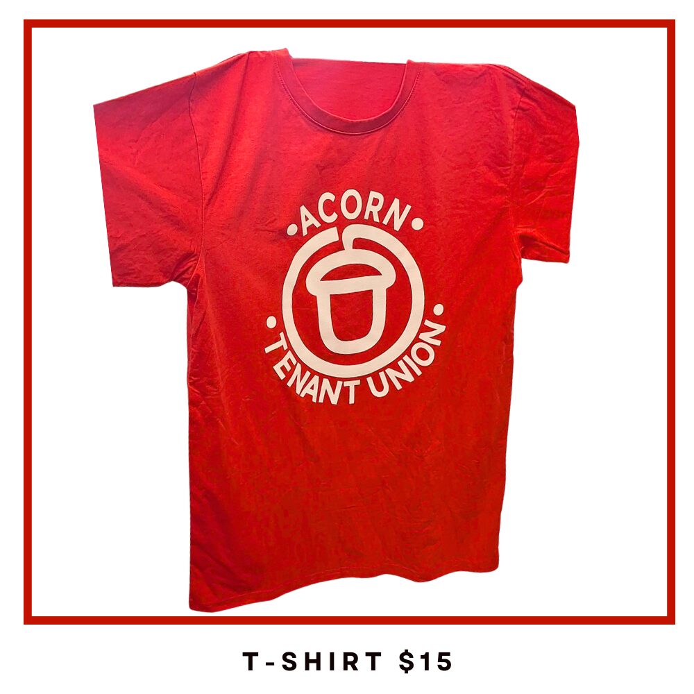 Red T-shirt featuring a white circular Acorn Tenant Union logo on the front.