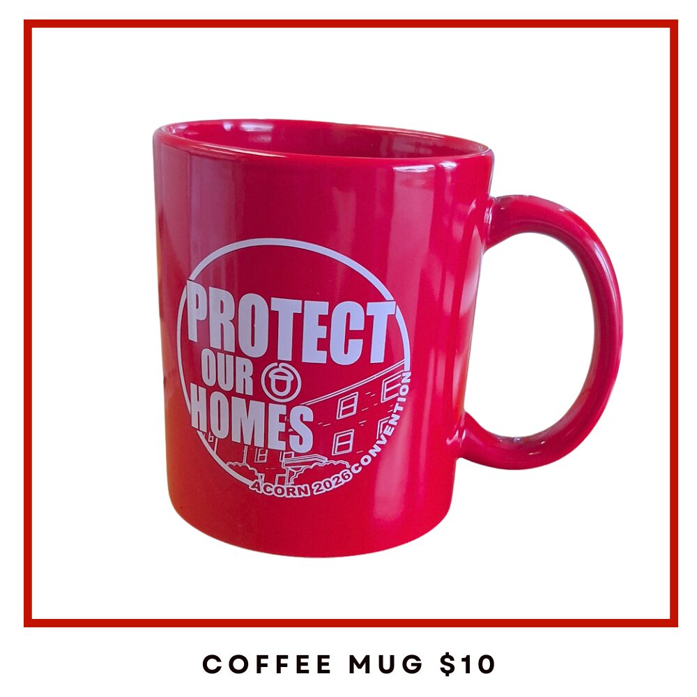 Red coffee mug with a white circular 'PROTECT OUR HOMES' logo and small 'ACORN 2020 Convention' text.