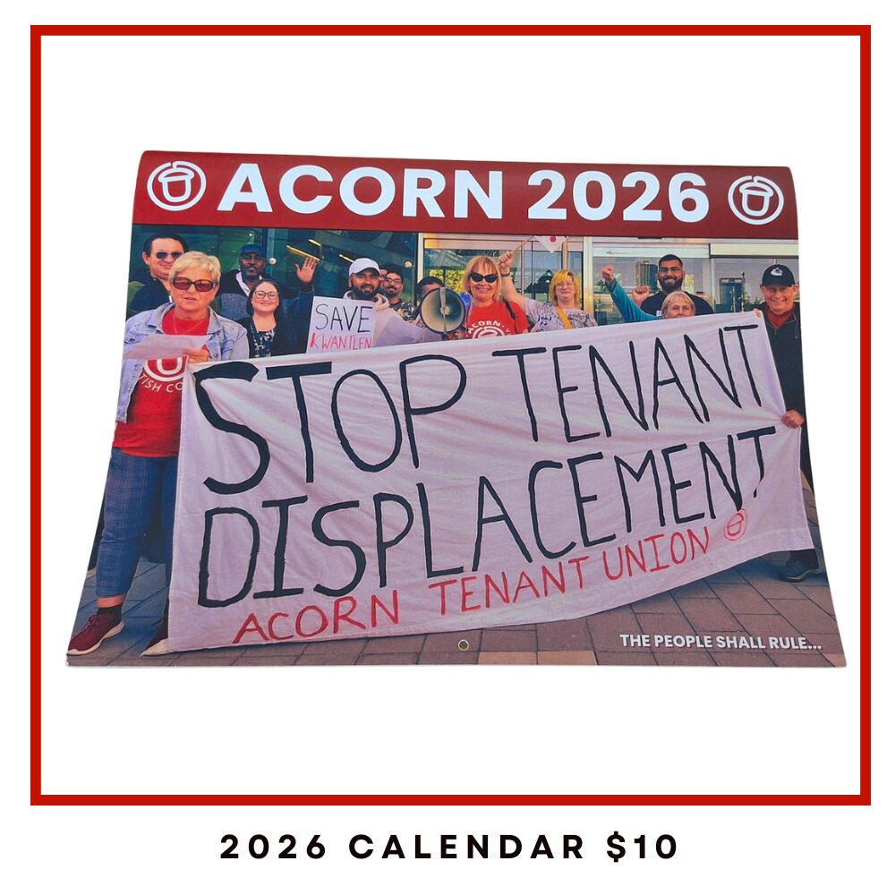 Group of diverse activists holds a large banner that reads 'STOP TENANT DISPLACEMENT' at a protest; it's the cover of a 2026 calendar with 'ACORN' branding visible above.
