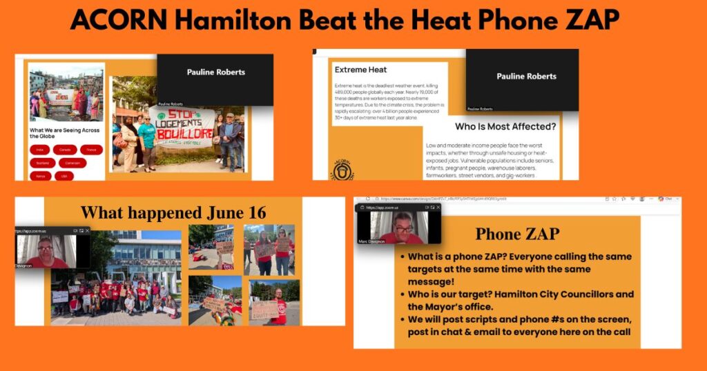 Collage poster for ACORN Hamilton's Beat the Heat Phone ZAP, with four panels on an orange background showing 'What we are Seeing Across the Globe', 'Extreme Heat', 'Who Is Most Affected?', 'What happened June 16' and 'Phone ZAP' details.