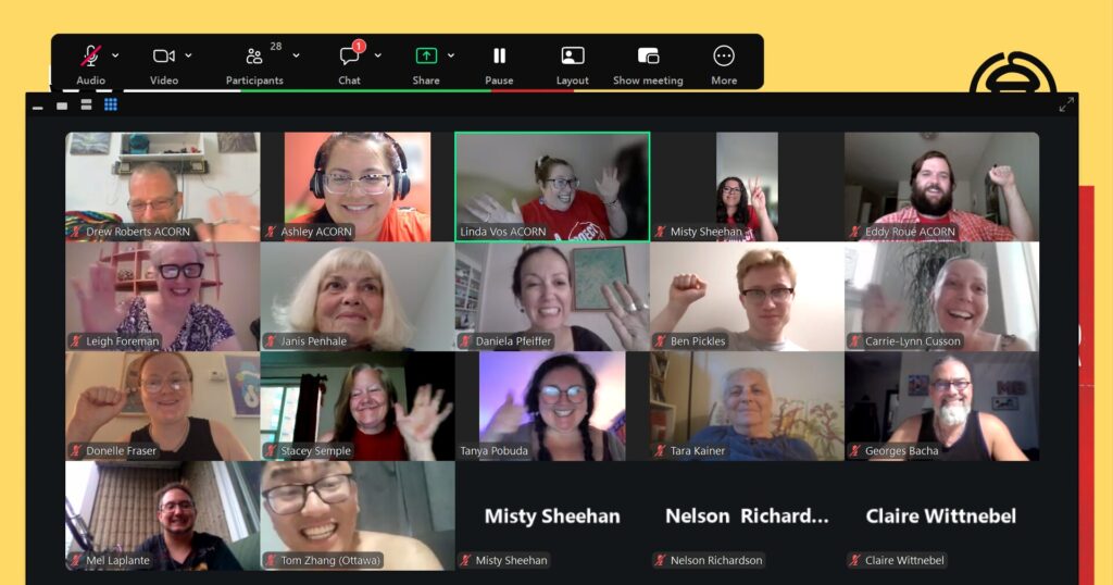 Screenshot of a Zoom meeting in grid view with many participants; all microphones muted, Linda Vos ACORN highlighted with a green border.
