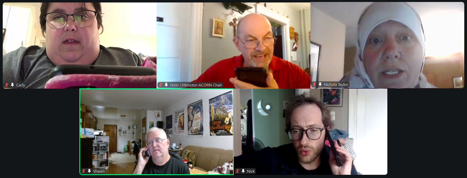 Five people in a video call grid: Carly, Peter J. Moncton ACORN Chair, Nichola Taylor, Shawn, and Nick in their separate homes.