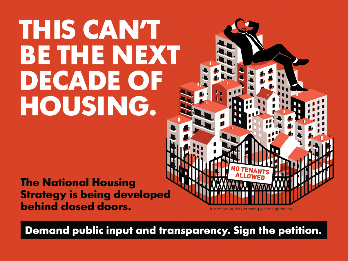 Poster on red background with bold white headline: 'This can't be the next decade of housing,' showing a man lounging on apartment buildings behind a 'No Tenants Allowed' fence; bottom banner urges petition and public input.