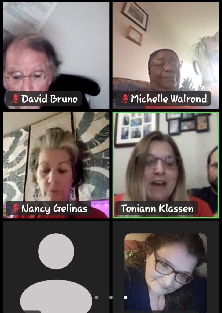 David Bruno, muted, on a video call (top-left tile).
