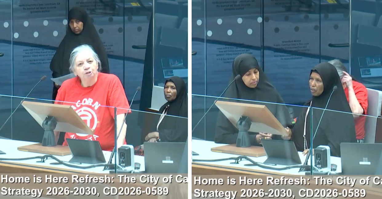 A city meeting scene with a white-haired woman in a red shirt speaking at a podium while others in hijabs sit nearby; bottom caption mentions a strategy plan.